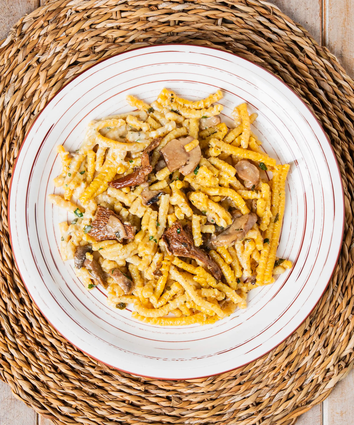 Piatto di passatelli ai funghi porcini e finferli cremosi con grana padano dop servito su piatto bianco con anelli rossi
