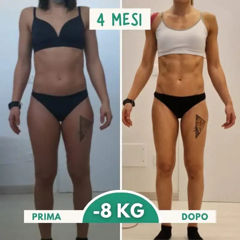 L’immagine mostra un confronto prima e dopo della fisicità di una donna, con il lato “prima” a sinistra e il lato “dopo” a destra.