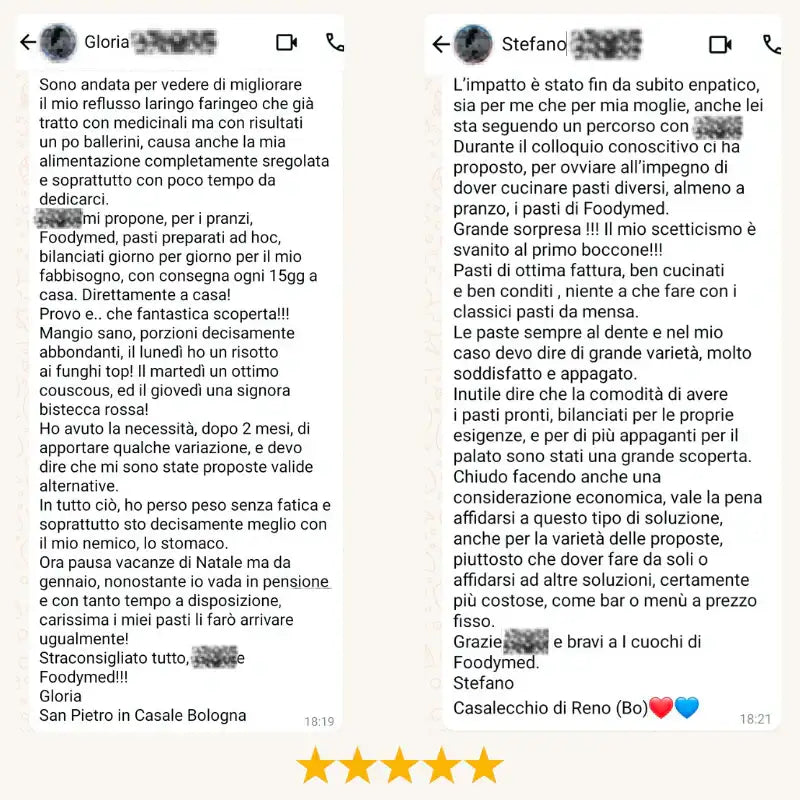 L’immagine mostra due screenshot di recensioni dei clienti per un servizio di consegna pasti chiamato foodymed.