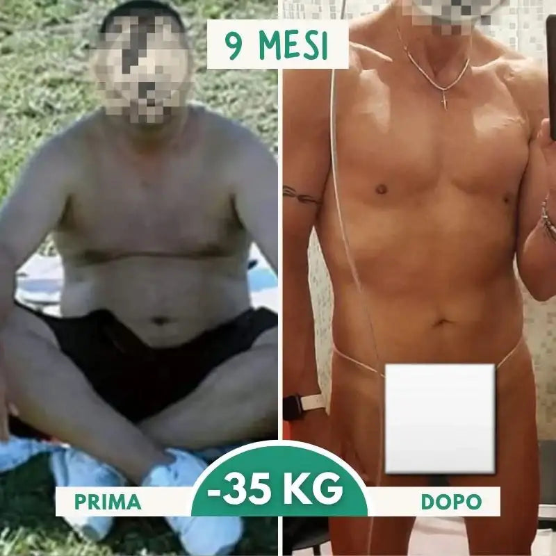 L’immagine mostra una trasformazione prima e dopo di un individuo, con la parte “prima” che evidenzia una figura più robusta e la parte “dopo” che mette in risalto una corporatura notevolmente più magra dopo aver perso 35 kg in nove mesi.