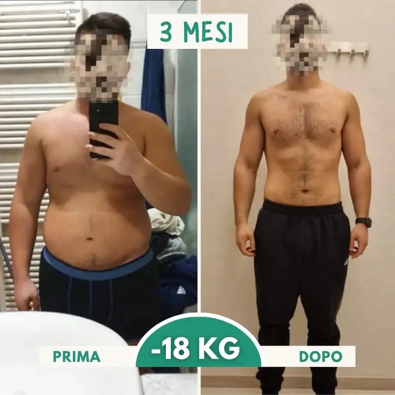 L’immagine mostra una trasformazione da prima a dopo di un uomo, con il lato sinistro etichettato «prima» (prima) e il lato destro etichettato «dopo» (dopo), indicando che ha perso 18 kg in tre mesi.