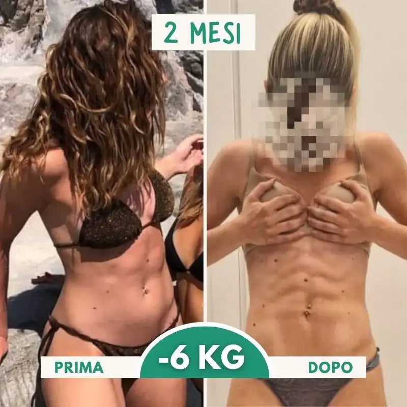 L’immagine mostra una trasformazione “prima e dopo” della fisicità di una donna, con il lato “prima” che la ritrae in un bikini a fantasia scura e il lato “dopo” che la mostra mentre indossa intimo dai colori chiari.