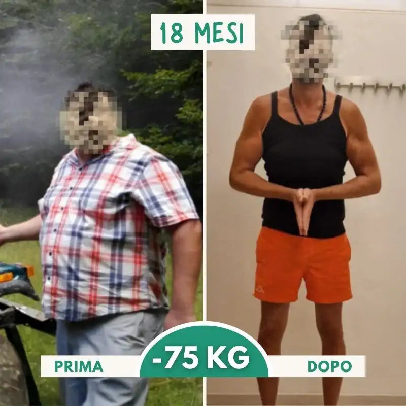 L’immagine mostra una trasformazione a schermo diviso: a sinistra, una persona con una camicia a quadri rosso e blu è all’aperto accanto a quella che sembra essere parte di una motocicletta; a destra, un’altra persona che indossa pantaloncini neri a canottiera con pantaloncini arancioni è