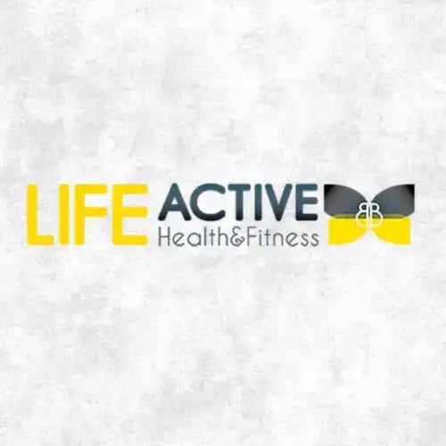 Logo Life active health & fitness con testo audace in giallo e grigio scuro e un emblema di farfalla stilizzata nei colori corrispondenti.