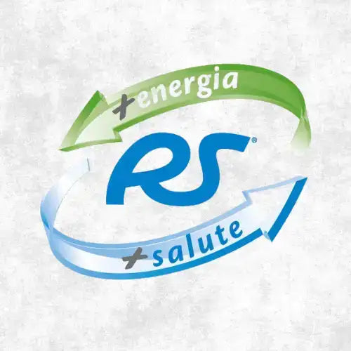 Logo stilizzato blu e verde con le lettere "rs" e frecce curve etichettate "+energia" e "+salute".