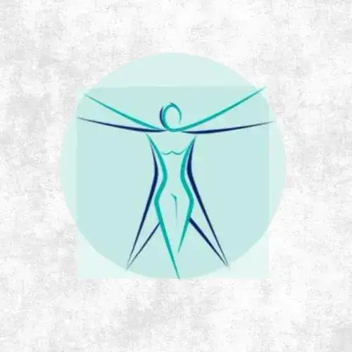 Un’illustrazione in stile line-art di colore turchese e blu navy di una figura umana nella posa dell’uomo vitruviano, centrata all’interno di uno sfondo circolare color verde menta chiaro.