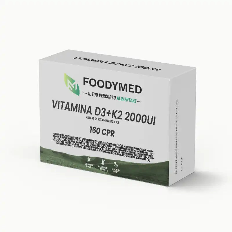 Confezione bianca rettangolare di integratore vitamina d3+k2 2000iu per normale assorbimento e funzione sistema immunitario